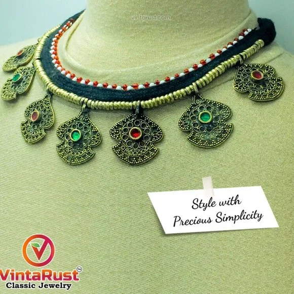 Ethnic Afghan Choker Necklace, Vintage Necklace With Multicolor Glass Stones - Picture 5 of 6